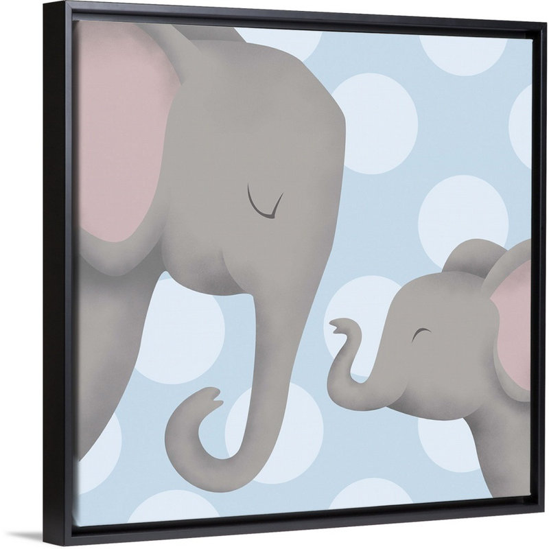 «Elephant Mommy and Baby on Blue», impression, H 20 po x l 20 po x P 1,75 po, Cadre pour toile flottant noir