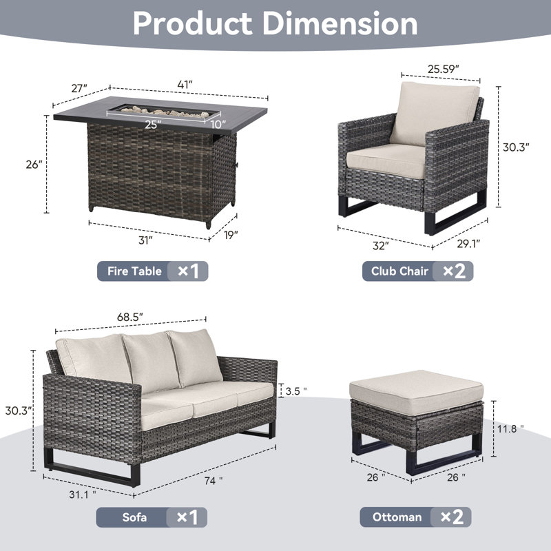 Nazime 5- Person Outdoor PE Wicker Patio Conversation Set with Fire Pit, Ottomans and Cushions, Beige, Gray