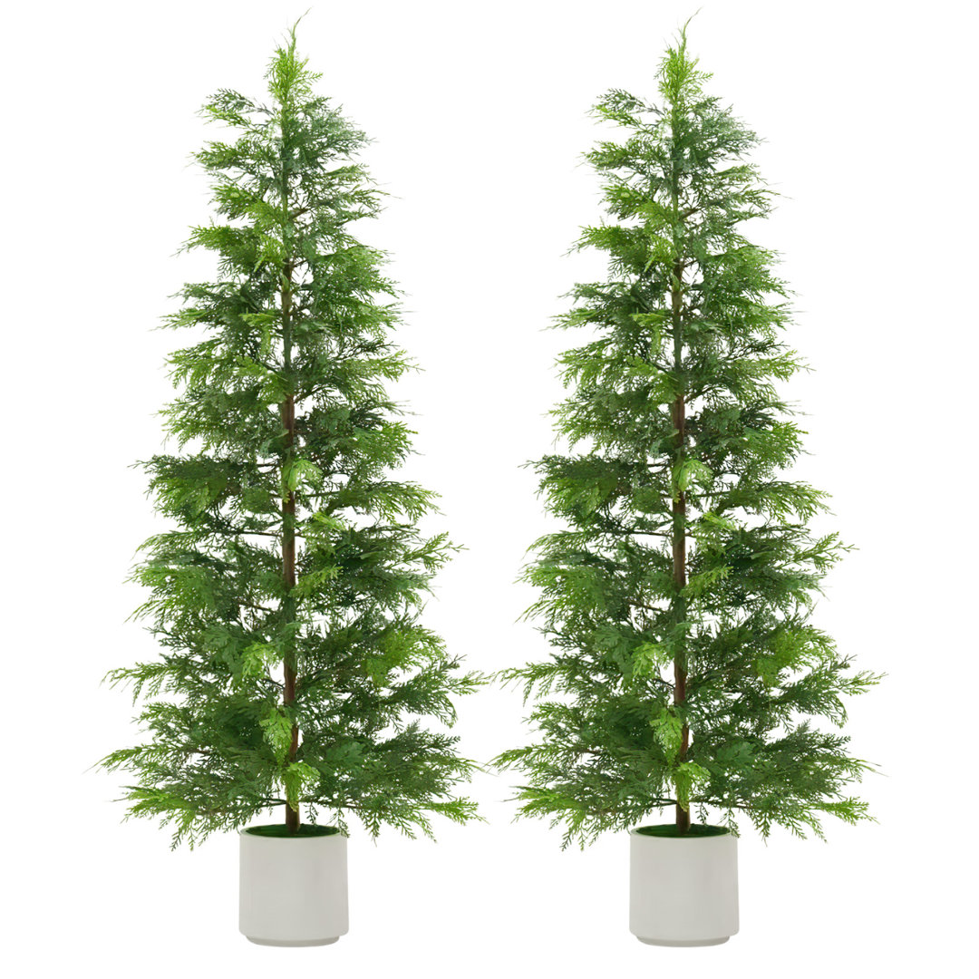 Compact Artificial Cedar Topiary Trees – 2 Pack Faux Evergreen in White Pots – UV Resistant Decorative Potted Pine