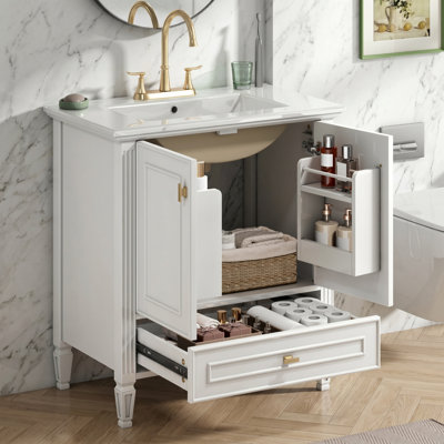 Meuble-lavabo simple autoportant de 30 po avec lavabo, 1 tiroir et 2 portes à fermeture en douceur avec rangement fixé à la porte, structure et pieds en bois massif, ensemble simple