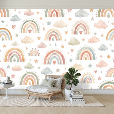 Wall Mural Peel and Stick Wallpaper watercolor childish boho seamless rainbows Self-Adhesive Removable Contact Paper Wall Decor for Living Room Bedroom 100"H x 144"W