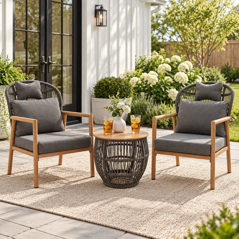 2-Person Patio Conversation Set with Cushions, Outdoor Furniture Rope Woven Chairs with Coffee Table, Natural Wood/Charcoal