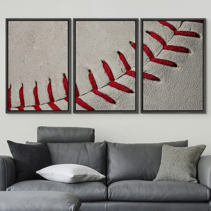 Gros plan sur des images rouges de coutures de baseball, œuvre d'art rétro classique, impression numérique sur toile giclée sur toile