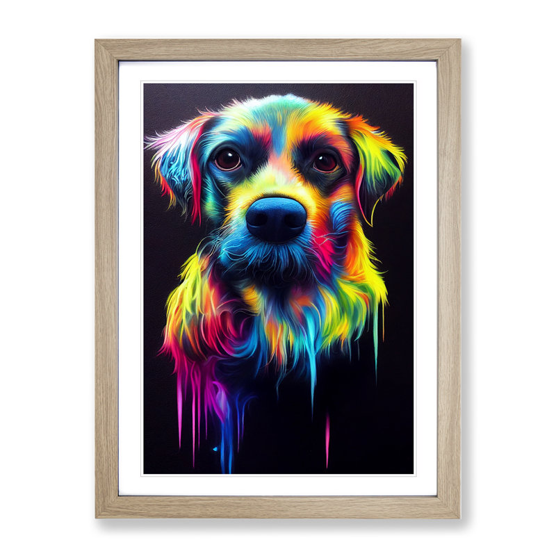 Neon Dog - Framed Print, 64cm H x 46cm W x 2cm D, Oak
