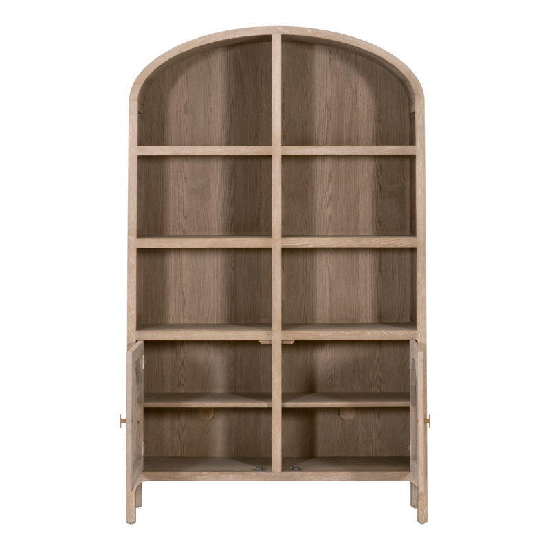 Smoke Gray Oak and Cane Arched Storage Bookcase with Doors