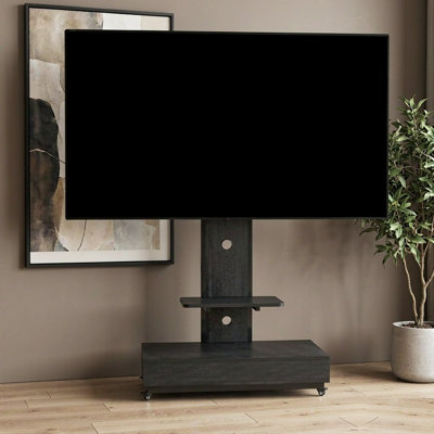 Meuble télé mobile avec tiroir coulissant et roulettes verrouillables, support télé sur roulettes réglable en hauteur, compatible avec les téléviseurs jusqu'à 75 pouces, idéal pour le salon, la chambre ou le bureau, noir.