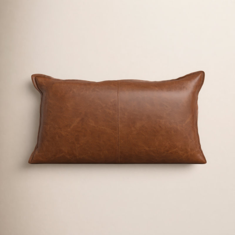 Coussin décoratif en cuir Cutler, Brun, 14 po x 26 po, Forme rectangulaire
