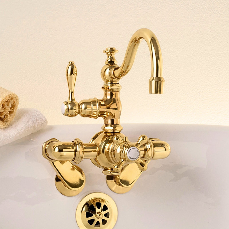 Thermostatic Wall Mount Tub Faucet Arched Spout by Strom Living, Raw Brass