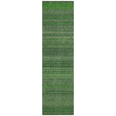 2' X 8' Fern Green Striped Washable Indoor Outdoor Runner Rug