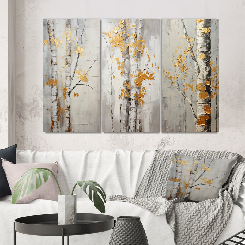 Ensemble 3 pièces - Tree Whispers of Grey & Yellow, Cadre blanc, H 32 po x l 48 po