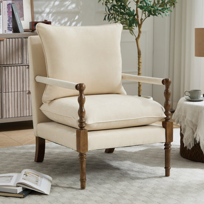 Chenille Accent Chair, Spindle Accent Chair with Upholstered Armrests, Farmhouse Accent Chair with Turned Wood