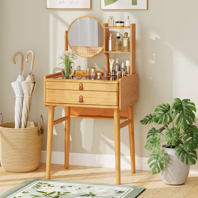 Coiffeuse en bambou naturel avec miroir - table de maquillage compacte 23,5 po, 2 tiroirs et tablettes ouvertes, plateau en verre et miroir rotatif, coiffeuse peu encombrante pour les petites chambres, les dortoirs et les pièces