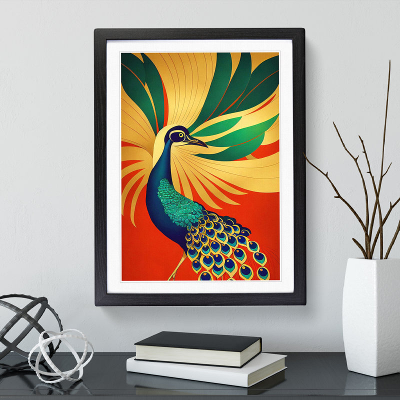 Peacock Art Deco No.1 - Single Picture Frame Print, 46cm H x 34cm W x 2cm D, Black Framed