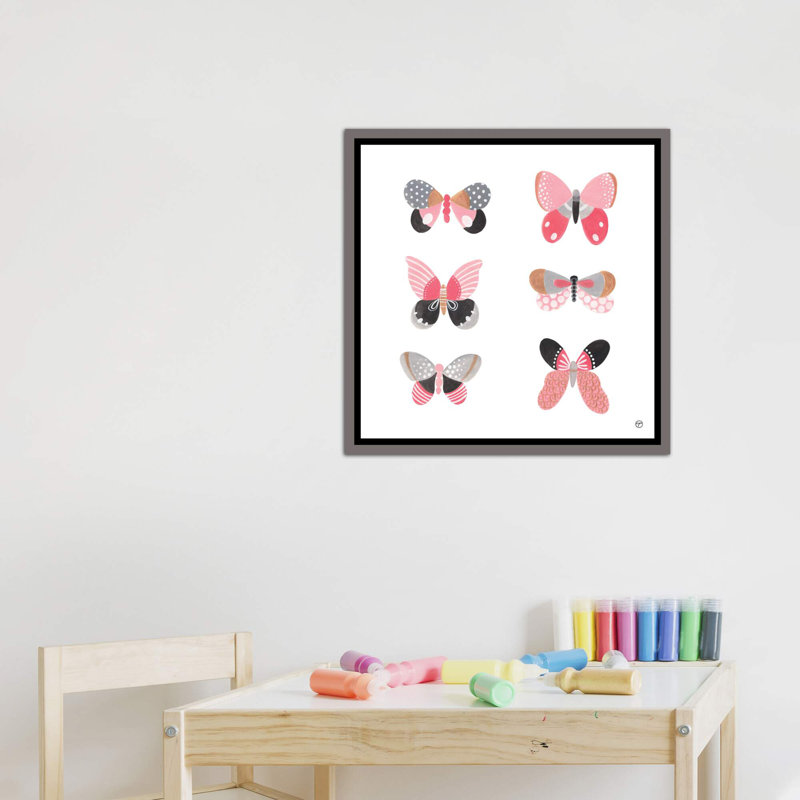 6 papillons art, Toile encadrée de bois rustique foncé, H 18 po x l 18 po x P 1,5 po