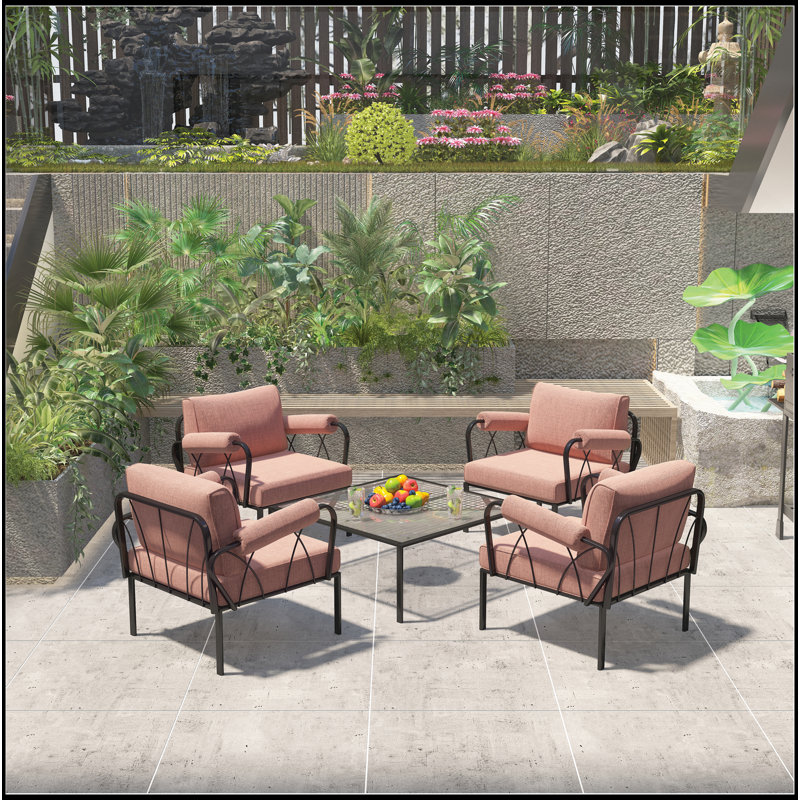 Ensemble de patio 4 pièces Rajni en tissu rose et finition noire (4 chaises)
