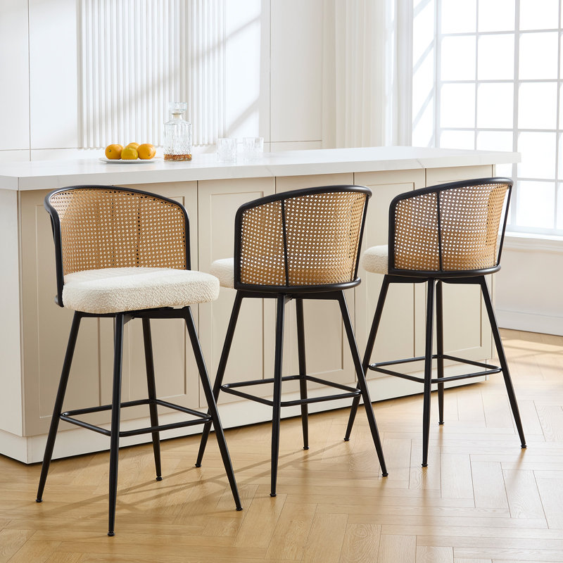 Cane Back Swivel Upholstered Stool, Counter Stool (26” Seat Height), Cream Boucle, 3