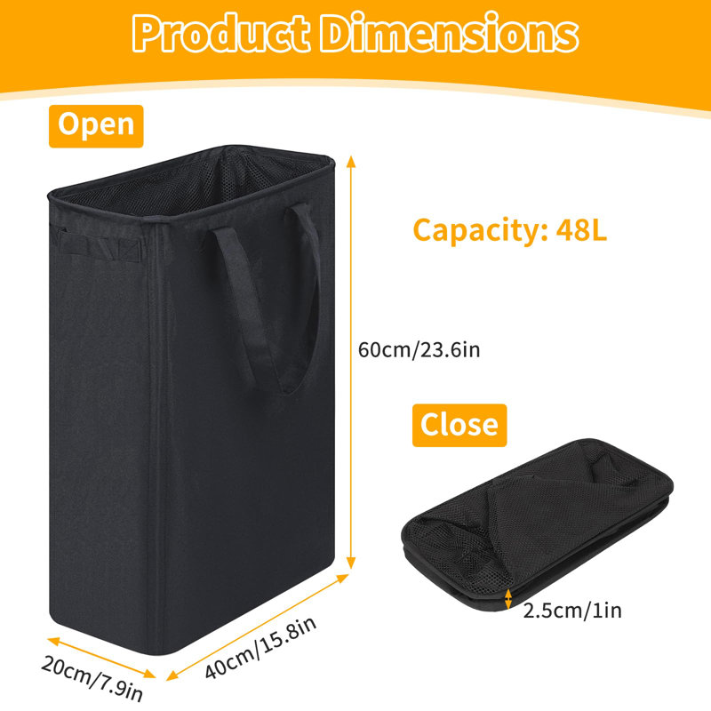 Slim Collapsible Laundry Hamper(Black), Black