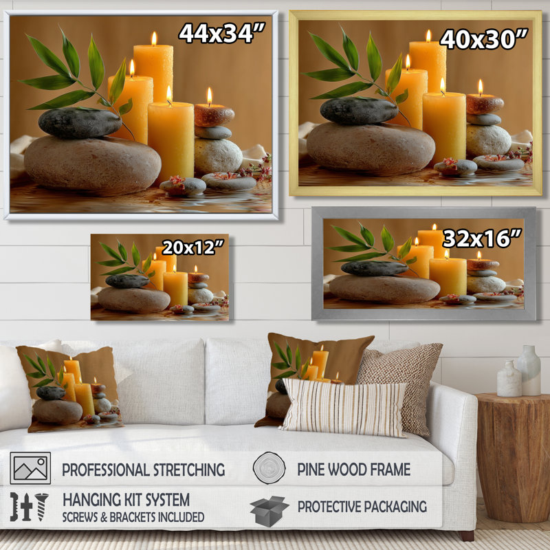 Relaxation Candles and Bamboo - impression sur toile de bambou, art mural asiatique gris, H 28 po x l 60 po, Cadre flottant