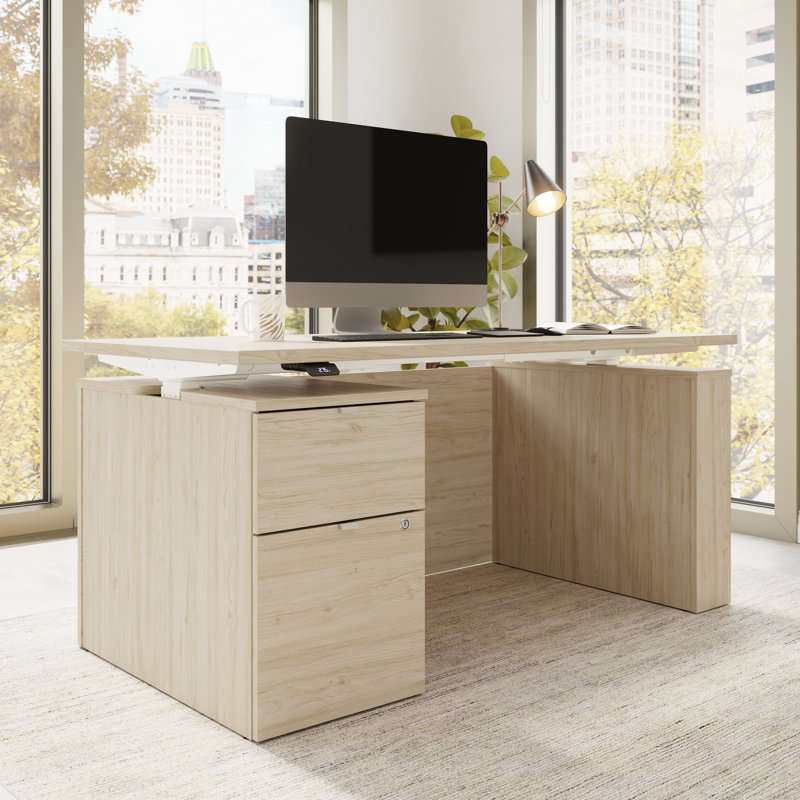 Bush Business Furniture Stratus 60W X 30D Eletric Height Adjustable Standing Desk With File Cabinet, Natural Elm