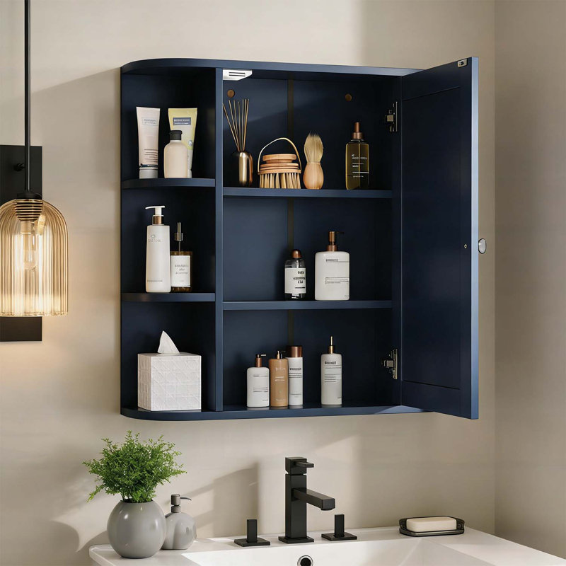 Bathroom Wall Storage Cabinet with Mirror,Adjustable Shelves,and Open Compartments for Efficient Organization, Bleu