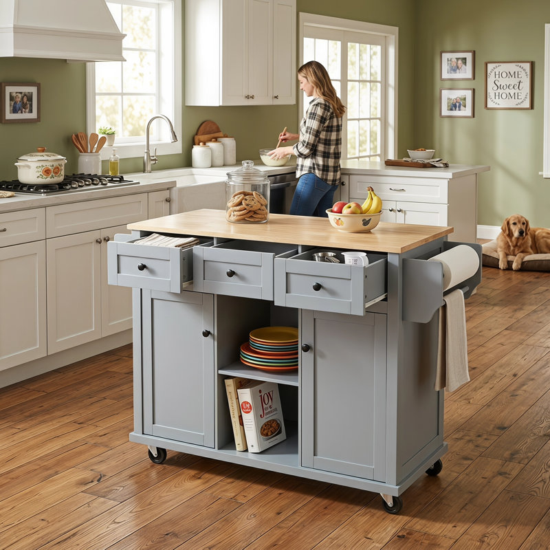 Îlot de préparation mobile gris et bleu pour la salle à manger, surface de travail pliante en bois d'hévéa, supports de rangement pour porte intégrée, 1 armoire fermée et 3 tiroirs, 5 roulettes à roulement en douceur
