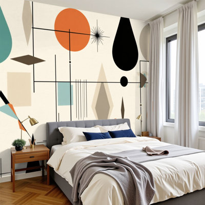 Papier peint auto-adhésif à motifs géométriques abstraits de style Mid-Century moderne avec motif de cercles et de lignes H 100 po x l 144 po, papier peint amovible en PVC autocollant pour chambre à coucher, bureau à domicile