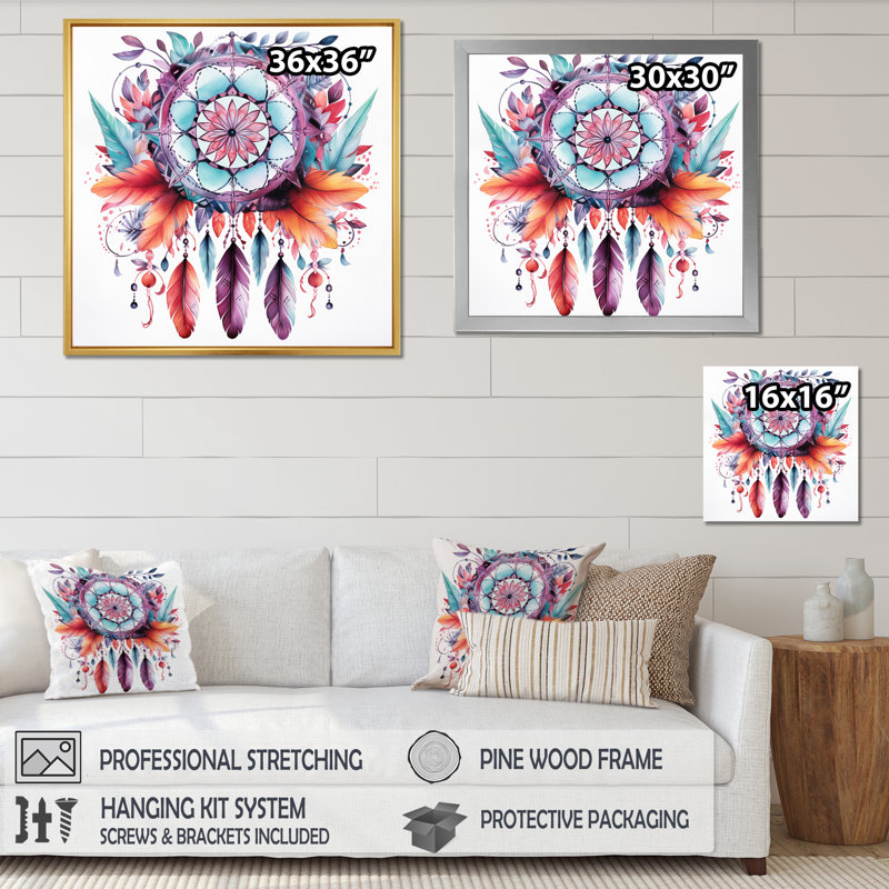 Mauve Boho Dreamcatcher, aquarelle encadrée sur toile, Cadre simple blanc, H 16 po x l 16 po x P 1 po