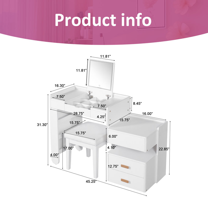 Meuble-lavabo multifonctionnel 3 en 1 avec miroir rabattable, éclairage à DEL, longueur réglable et tiroirs spacieux, Blanc