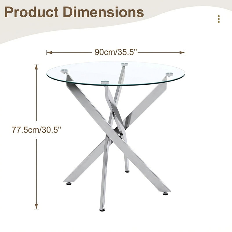 Round Dining Table, Glass Dining Table With Silver Legs, Modern Kitchen Table For Home Kitchen, Dining Room, Chrome