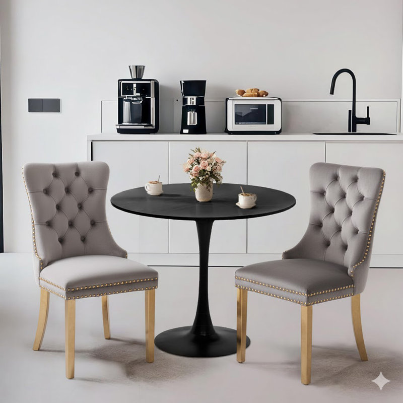Dining Table Set,  24" Round Dining Table And 2 Velvet Dining Chairs With Gold-plated Legs, Black, Gray