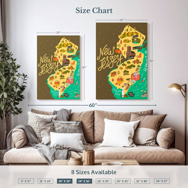 Aliaz Tourism New Jersey Map, 36" H x 24" W