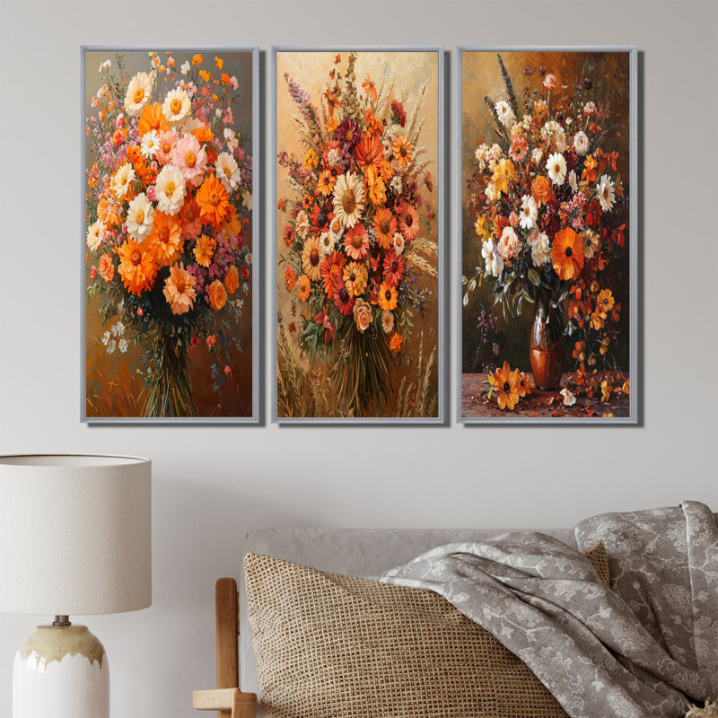 Assortiment de bouquets d'automne symphonique brun - Collection d'art mural traditionnel, H 28 po x l 36 po, Argent argent