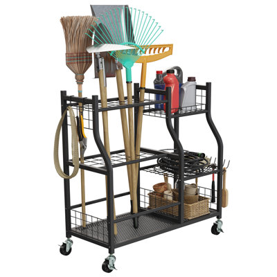 Garage Garden Tool Organizer with Wheels - Yard Tool Storage Rack with 28 Slots for Long Handles, 10 Hooks, 2 Cord Wrappers, 3 Shelves, and Locking Wheels - Shed or Garage Organization