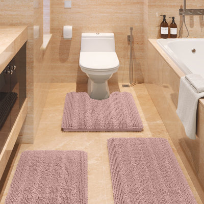  Striped Yellow Bathroom Rug Set 3 Pieces Ultra Soft, Non Slip Chenille Toilet Mat, Absorbent Plush Shaggy Bath Mats for Bathroom, Bedroom, Kitchen