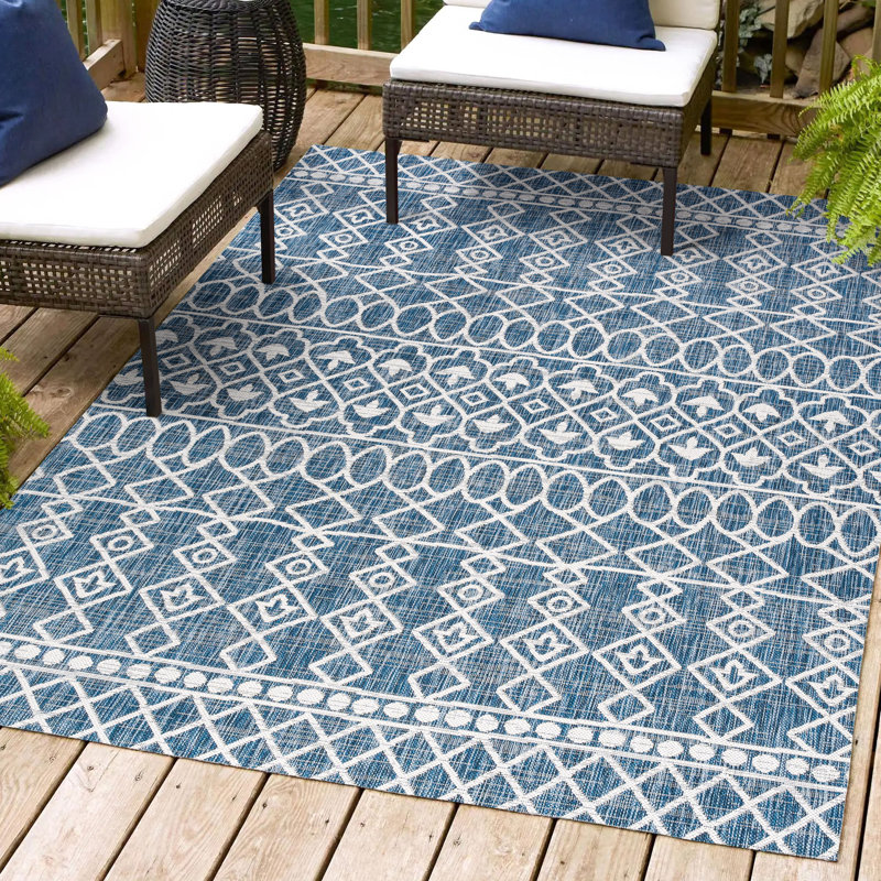 Ramadan Tribal Bohemian Blue/Ivory Indoor/Outdoor Rug, Rectangle 3'11" x 6'