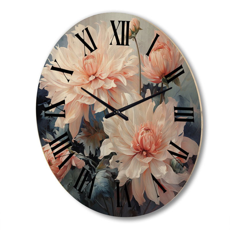 Peach Chrysanthemums Romantic Impression I - Floral Oversized Wood Wall Clock, Extra Large