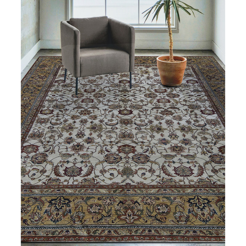 Tapis crème et or noué à la main de haute qualité