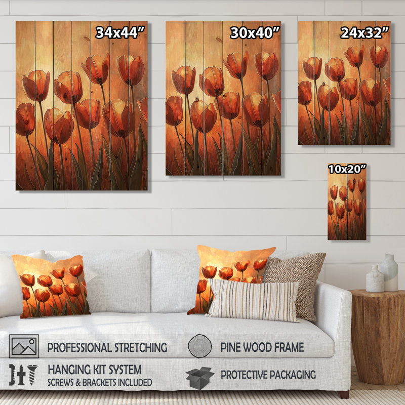 Tulips Brown Autumn Glow II - Tulips Wood Print - On Natural Pine Wood, 44" H x 34" W x 0.78" D