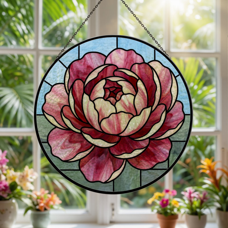 7.8"H Rose Pattern Stained Glass Window Panel, 7.8" H x 7.8" W