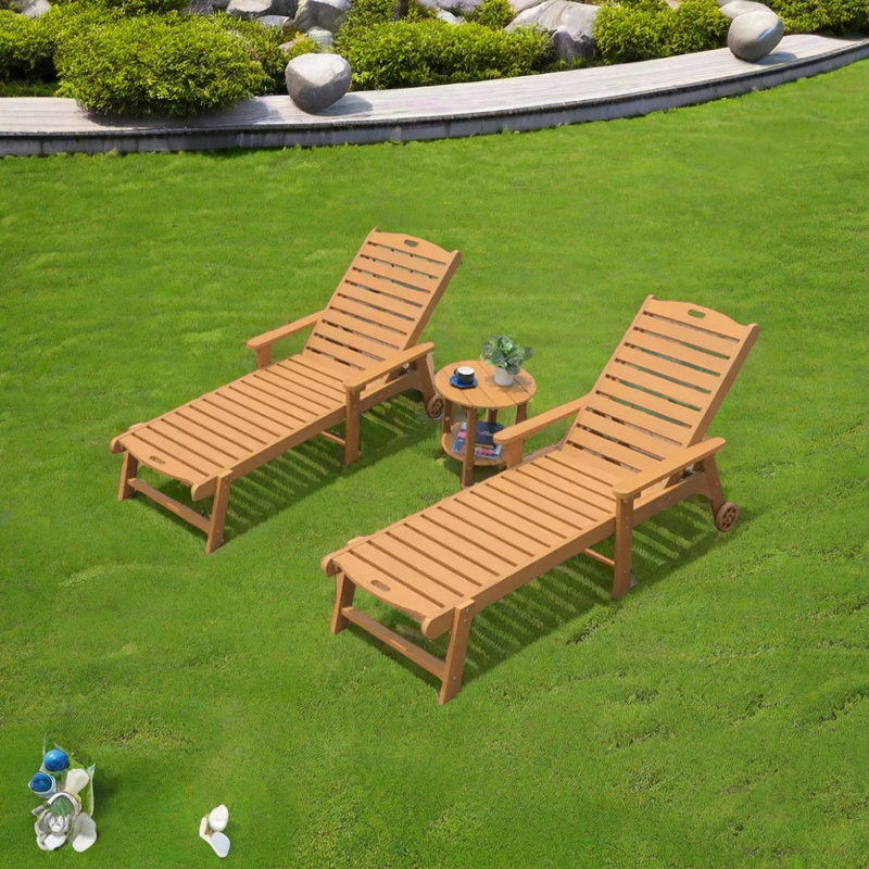 Outdoor Chaise Lounge With Adjustable Backrest Outdoor Wood Chaise Lounge Set with Table, 2