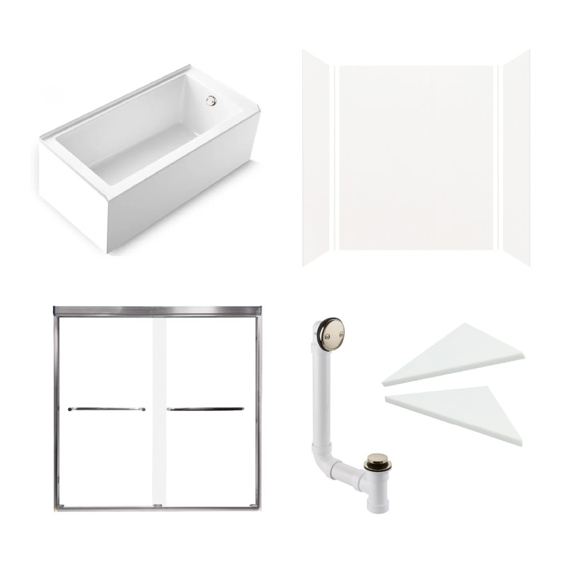 Ensemble de douche / baignoire à coller 6 pièces avec porte et accessoires 60 po x 32 po x 87 po Transolor, blanc / chrome poli