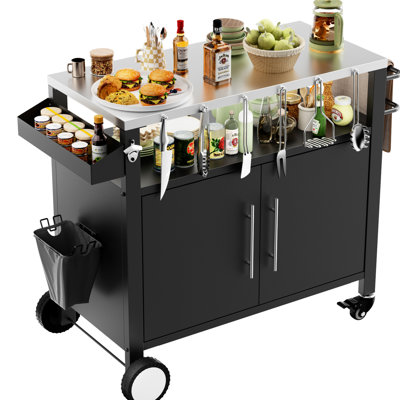 Table de barbecue extérieure noire avec rangement pour les sauces et plateau à couches mobile