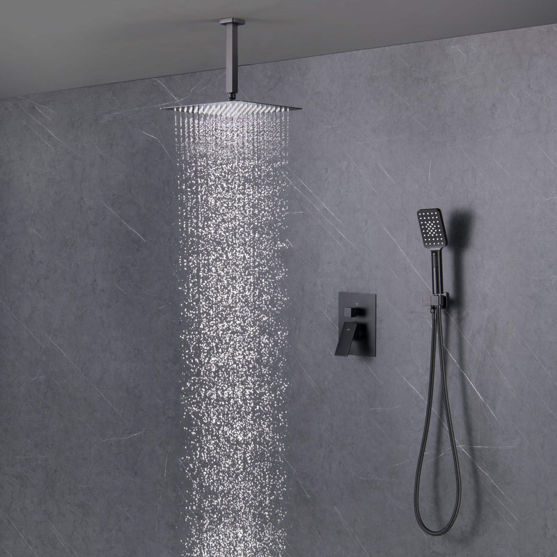 Système de douche cubique à pression équilibrée 2 fonctions avec valve brute, Noir mat