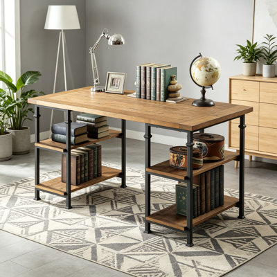 Vintage Industrial 1Pc Writing Desk With 4 Open Shelves Rustic Solid Wood And Metal Furniture Modern Design Office Table