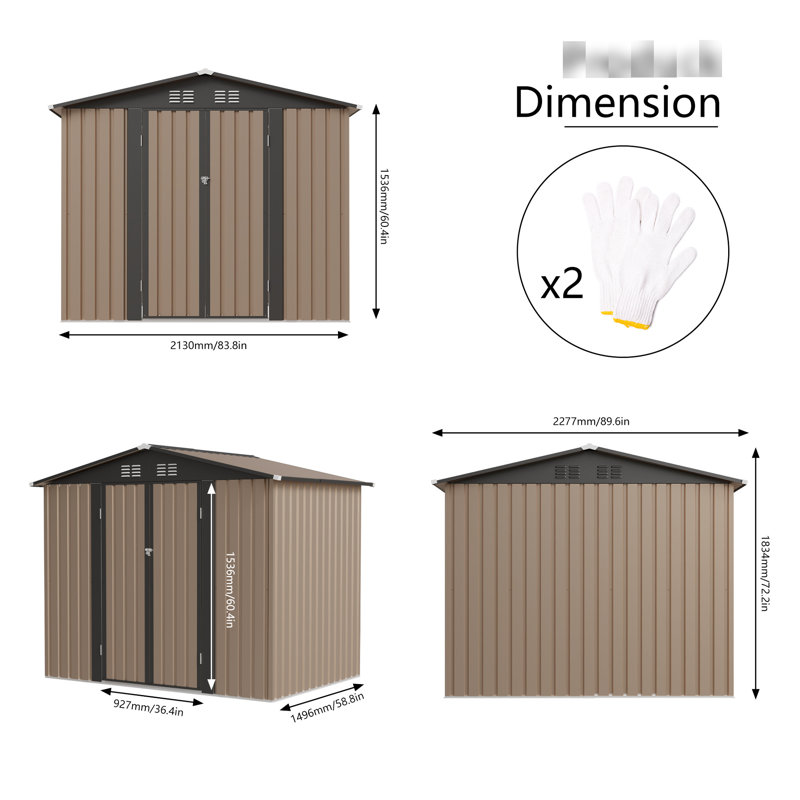Remise de jardin 8 pi x 6 pi avec toit Apex, métal galvanisé, météo, rangement pour vélos et outils, outils d'assemblage rapide, installation