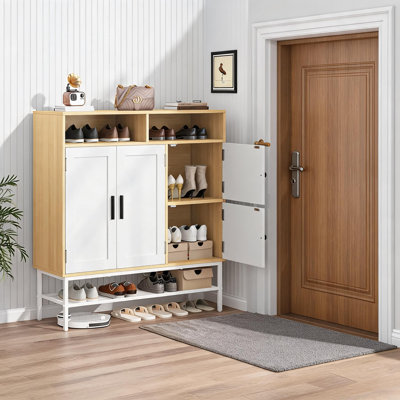 Armoire à chaussures avec 4 portes et tablettes réglables, armoire de rangement pour 30 paires de chaussures, armoire de rangement pour chaussures de style campagnard de 43,31 pouces de hauteur