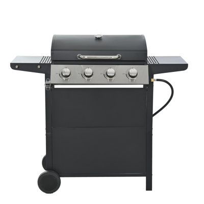 Barbecue au propane à 4 brûleurs, en acier inoxydable 34 000, avec couvercle, deux tablettes et roues transportables pour la terrasse
