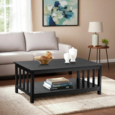 This Black Wooden Living Room Coffee Table Features A Simple Design With Shelves For Added Storage, Making It Both Practical And Aesthetically Pleasing.