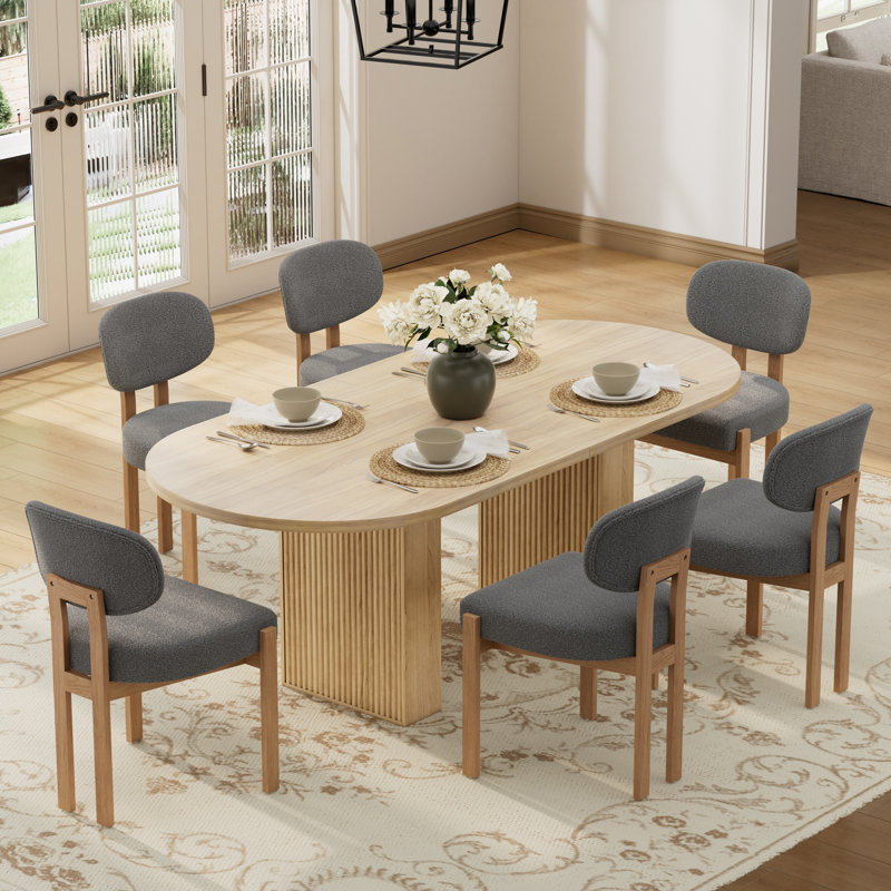 Oval Double Pedestal Kitchen Table Sets, 7 Pieces: Table, 6 Chairs, Gray, Natural