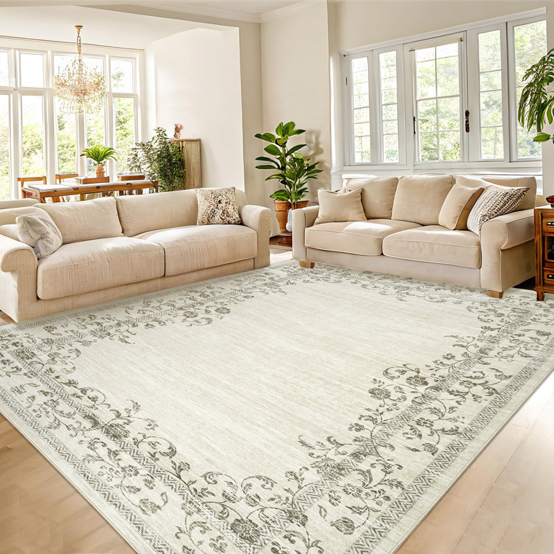 Machine Washable Non-Slip Rugs for Living Room Border Floral Vintage Distress Print Carpet Indoor Non-Shedding Rugs for Living Room Dining Room